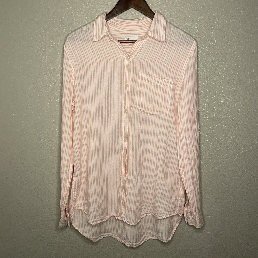 Gap Womens Small Boyfriend Fit 100% Linen Stripe Long Sleeve Lagenlook Coastal